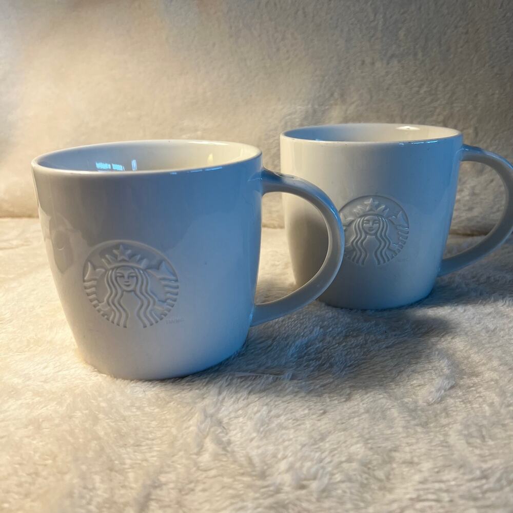 2 Starbucks Coffee Cup 2010 White Embossed Mermaid Logo Mug G Grande Ceramic